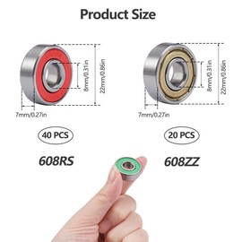 Pack of 60 Skateboard Ball Bearings, 8 x 22 x 7 mm, 608ZZ 608RS Carbon Steel Roller Bearings, Metal Double Shielded Miniature Deep Groove Ball Bearings, ABEC Inline Ball Bearings for Skateboard