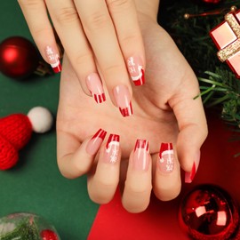 Christmas Red Press On Nails Medium Coffin Fake Nails Christmas Hat And Snowflake Design False Nails Acrylic Glue On Nails Reusable Full Cover Nails For Women 24pcs