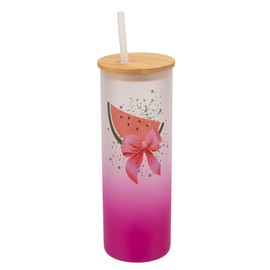 Elanze Designs Ombre Gradient 25 Ounce Frosted Glass Cute Fruit Travel Tumbler With Straw & Wooden Lid Watermelon Splatter With Pink Coquette Bow Pink