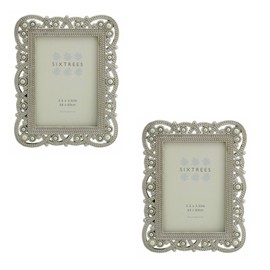 Sixtrees A Twinpack of Antique Vintage and Shabby Chic Style Silver Metal Photo Frames with Beads and Crystals in 10 Styles for 9 x 6.3 cm (64 x 89 mm) Photos 3 x2 Louisa