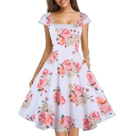 PUKAVT Women's Cocktail Party Dress Cap Sleeve 1950 Retro Swing Dress with Pockets White Pink Flower M
