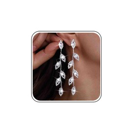 Atentuyi Long Rhinestone Earrings Silver Leaf CZ Drop Earrings Drop Crystal Wedding Earrings Chandelier Dangle Bridal Earrings CZ Threader Tassel Chain Earrings Jewellery for Women and Girls, Zinc