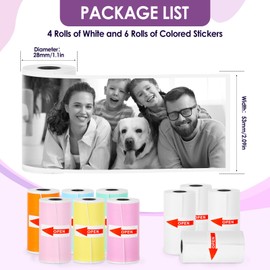 HuiJuKeJi 10 Rolls Mini Thermal Sticker Paper for Phomemo T02/M02/M02X, 4 Rolls White&6 Rolls Color Self-Ashesive Mini Printer Paper, 53 * 28 Mini Photo Printer Paper for DIY/Photos/Notes