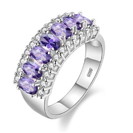 Platinum Plated Oval-Shaped CZ 7 Stones Wedding Band, Purple Crystal Rings for Women J501 (Platinum, Purple, Size 7)