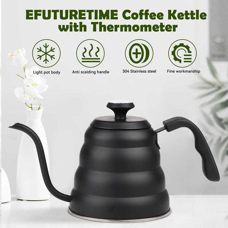 EFUTURETIME Gooseneck Kettle Gooseneck Kettle Black with Thermometer 1.2 L