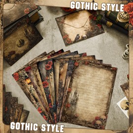 TaoBary 160 Pcs Stationery Paper Set 50 Double Sided Stationery Papers with 50 Matching Envelopes and 60 Round Dot Sticker, 10 Design(Gothic Style,8.25 x 5.5 Inch)