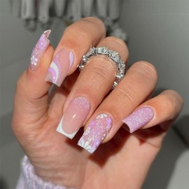 IMRAIN Square Short Press on Nails Glossy Glue on Nails Purple Glitter Flower Gel Artificial False Nails with Designs Full Cover Squoval Stick on Nails for Women Girls 24Pcs