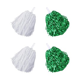 JIHUOO 4 Pcs Metallic Foil Plastic Pom Poms Cheerleader Pom Poms Sports Team Pom Poms Spirit Cheering Pom Poms Cheer Dance Pom Poms Cheerleading Pom Poms with Handle White and Green