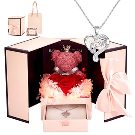 MAUSMORIN Preserved Real Roses for Her, Eternal Forever Flowers with Mom Necklace for Women Wife Mothers Day Gifts for Mom on Anniversary