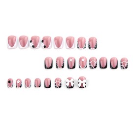 24Pcs French Tip Press on Nails Short Square Fake Nails White Black Zebra Print with Flower French Design Press ons Glue on Nails Artificial Cute Bow False Nails for Women Acrylic Manicure Salon