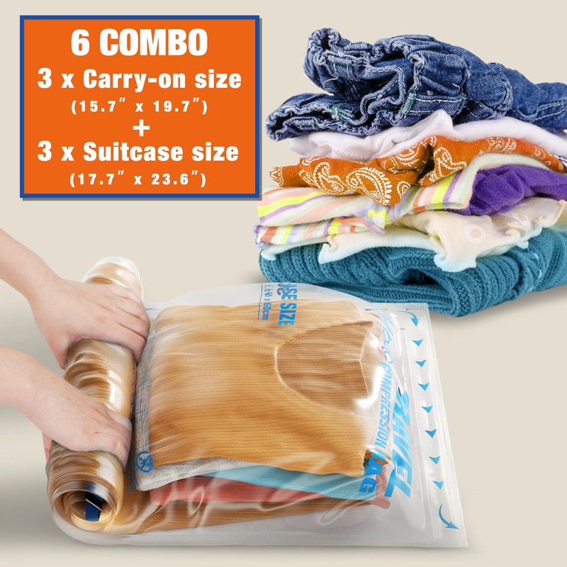 6 Compression Bags for Travel Essentials, Vacuum Packing Space Saver