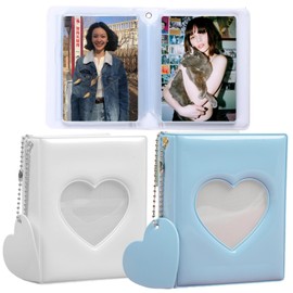 Pack of 2 Mini Slip-in Albums 32 Pockets Photocard Binder 3 Inch Mini Photo Album ID Holder Photocards Photo Card Holder in Heart Shape for Storing Photos, ID Cards, Cards (Blue White)