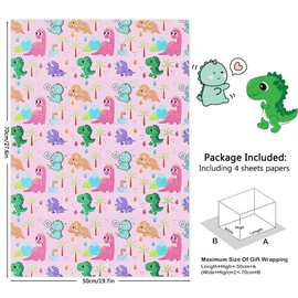 Pink Dinosaur Jurassic Gift Wrap, 4 Sheets Pink Baby Dinosaur Design Birthday Wrapping Paper, Dino Wrapping Paper Girl Kids Boys For Birthday Baby Shower, Folded Flat 50x70cm