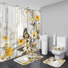 AZHM Yellow Daisy Floral Shower Curtain Set Butterfly Farmhouse Country for Bathroom Decor Set with Rugs Toilet Lid Cover and Bath Mat