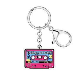 LONYOO Acrylic Vintage Cassette Band Keyring Retro 90s 80s Accessories for Women Girls Backpack Purse Charms, red, M
