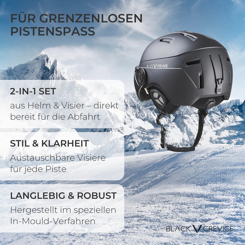 Black Crevice St. Moritz Ski Helmet with Full Visor, Black/Silver,