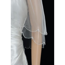Bridal Veil Ivory 2 Tiers Fingertip Length Scallop Edge In Beads With Clear Drop