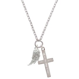Delight Jewelry Silvertone Textured Angel Wing I Have Plans for You Engraved Cross Zoey Necklace, 28"