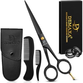DEMAXA Tijeras profesionales de barba de 5 pulgadas para hombres, tijeras para bigote con 1 peine para bigote, 1 peine para barba y bolsa suave, kit d