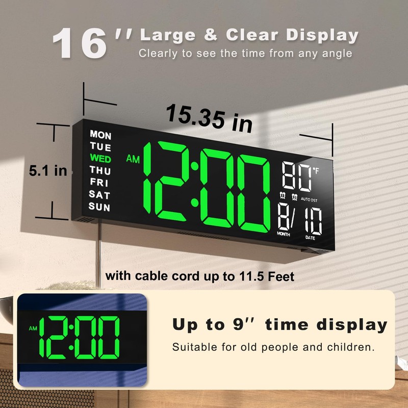 JALL 16" Large Digital Wall Mount Clock, Count Down Timer,