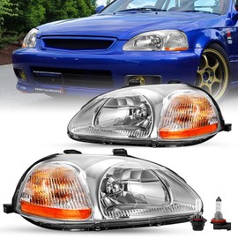 JSBOYAT Headlight Assembly Pair w/Bulbs for 1996 1997 1998 Honda Civic Halogen Headlamp Chrome Housing with Amber Reflector (Driver and Passenger Side)