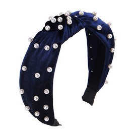 CAUDIO Knotted Velvet Pearl Wide Headband Cross Twisted Elastic Vintage Hairbands for Women and Girls Casual Party Dating Head Bands (Navy Blue)