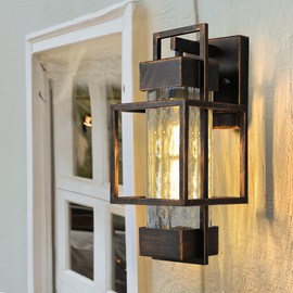 PARTPHONER Modern Outdoor Light Fixture Dusk to Dawn Outdoor Lighting, 15" H Exterior Wall Sconce Waterproof Porch Light, Outside Light for House with Water Glass for Garage Doorway Black Brushed Gold