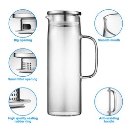 Hwagui - Heat Resistant Glass Pitcher with Stainless Steel Lid, Water Carafe with Handle, Good Beverage Pitcher for Homemade Juice and Iced Tea, 1200ml/41oz
