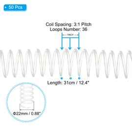 PATIKIL 22mm(7/8") Plastic Spiral Binding Coils, 50 Pcs Binding Spirals 190 Sheet Capacity 3:1 Pitch Binding Spirals for Binding Paper Sheets, Transparent