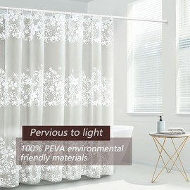 TIKABC Shower Curtain Liner, 4G PEVA Shower Liner, Plastic Waterproof Shower Curtains, with Grommet Holes and 3 Magnetic Weights(White Flower)