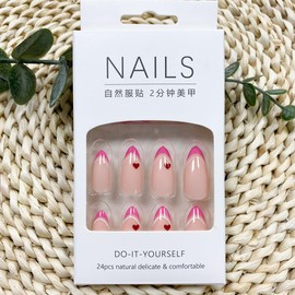 Valentine's Day Press on Nails Medium Almond Fake Nails Pink Heart False Nails Pink French Tip Glue on Nails Full Cover Glossy Acrylic Stick on Nails Nude Artificial Nails for Women Nail Decoration