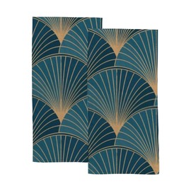 Kuizee Microfiber Hand Towel Face Towels Set of 2 Golden Elements Blue Art Deco Style Quick-Dry Highly Absorbent Ultra Soft Bathroom Kitchen 30X15 Inch