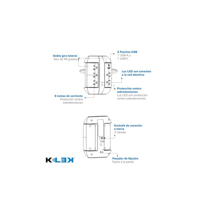 KELEK Multicontacto con 5 Salidas, Puertos USB-A y USB-C, Protección