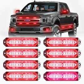BooYu Red LED Surface Mount Emergency Strobe Flashing Lights for Firefighter/Police/Trucks/Vehicles/Car, Ultra Slim Sync Feature Hazard Warning Beacon Grille Light Bar (8 Pcs)