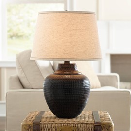 Brighton Southwest Rustic Farmhouse Table Lamp 27.25" Tall Hammered Warm Bronze Metal Pot Beige Fabric Drum Shade for Living Room Bedroom House Bedside Nightstand Home Office - Barnes and Ivy
