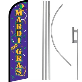 Mardi Gras Purple/Gold Windless Banner Flag & 16' Flagpole Kit/Ground