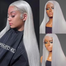 Munx 30 Inch Lace Front Wig Human Hair 180% Density 13x6 Full Frontal HD Transparent Lace Wigs Pre Plucked Straight Grey Colored Deep Part Lace Front Wig for Black Women Bleached Knots