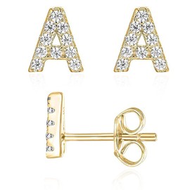 Initial Stud Earrings for Girls 18K Gold Plated CZ Simulated Diamond Stud Earrings Hypoallergenic Earrings for Women (A)