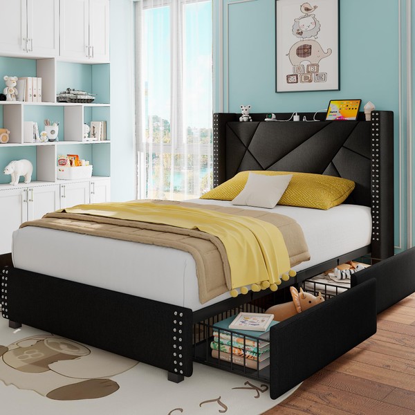Feonase Upholstered Storage Bed Frame Twin Size with 4 Drawers,