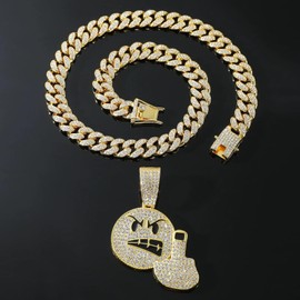 EDINGM Iced Out Cuban Link Chain for Men, Miami Style Silver and Gold Plated Bling Necklace, Diamond Hip Hop Jewelry (Gold Chain+finger Pendant)