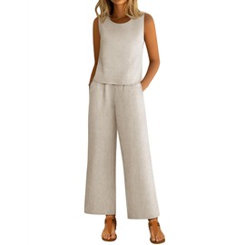 Ficerd Women 2 Piece Summer Outfits Linen beach Set Round Neck Sleeveless Crop Tank Tops Elastic High Waist Cropped Pants(Linen,XX-Large)