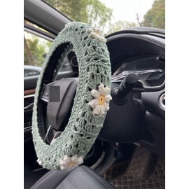 YDMZZB Crochet Daisy Car Steering Wheel Covers Sage Green Universal 14-15 inch for Women/Men (B:Steering Wheel Covers)