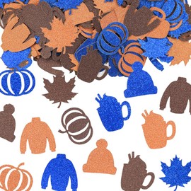 200PCS Fall Confetti for Table - Orange, Brown, Blue Sequins Autumn Clother Cup Table Decorations for Home, Fall Pumpkin Maple Leaves Crafts Decor for Thanksgiving