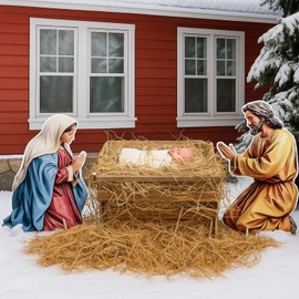 Chunful 10 Pcs Large Nativity Scene Set 19 Inch Wooden Manger Baby Jesus Holy Family with Light Nacimiento De Jesus Decor Traditional Religious Christmas Indoor Outdoor Decoration