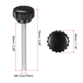 sourcing map 2pcs Knurled Clamping Knobs M6 x 60mm Metric Zinc Plated Carbon Steel Male Thread Thumb Screw on Type 30mm Plastic Round Head Threaded Hand Bolt Stud Knobs Black
