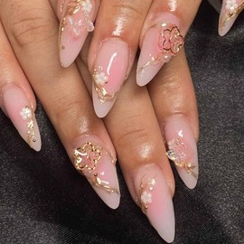 Hkanlre 3D Medium Fake Nails Tips Almond Press on Nails Flower Full Cover Cute False Nails for Women 24PCS