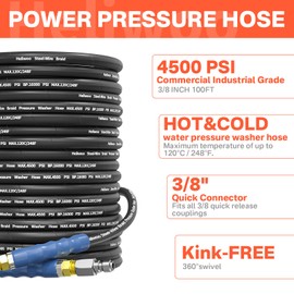 Heliwoo 3/8" Pressure Washer Hose 100 FT, Hot and Cold Water Power Washer Hose Max 248°F, Commercial Industrial Grade Steel Wire Braided Kink Proof Extension Hose -4500 PSI