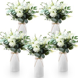 Giegxin 5 Sets Faux Flowers in Vase Fake Flowers with Vase Wedding Centerpiece for Table Faux Eucalyptus Leaves Floral Arrangements for Home Wedding Party Office Patio Tabletop Decoration
