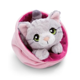 NICI Little Paws 61331 Cuddly Toy Cat 12 cm Grey Tabby in Pink Basket - Fluffy Stuffed Toy, Plush Toy for Cuddling, Playing and Loving