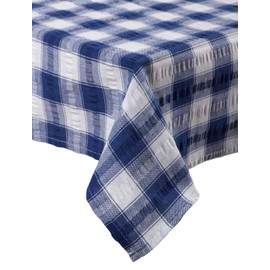 Seersucker Check Tablecloth Traditional Picnic Dining Kitchen Table Linen 70" Round (Blue)